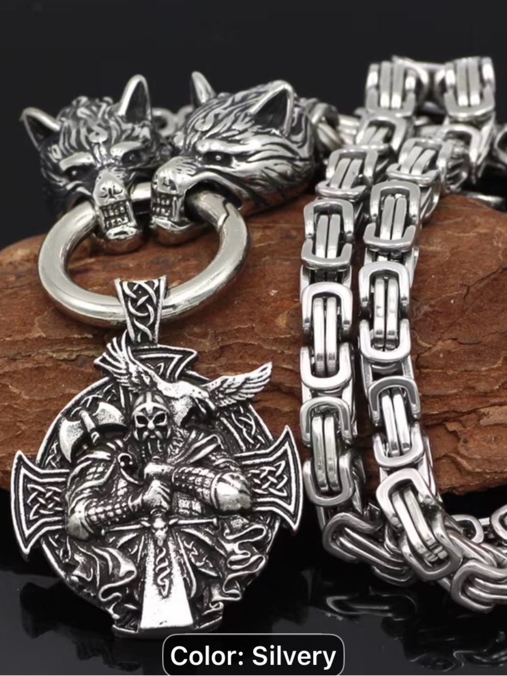 Men's vintage Stainless Steel king-wolf head Viking Wolf Pendant Necklace